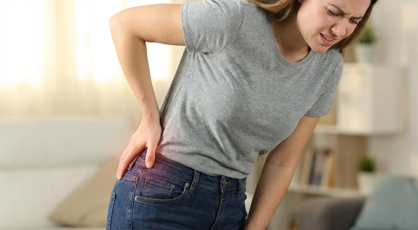 A woman with a pained expression holds her right hip and lower back, indicating discomfort.