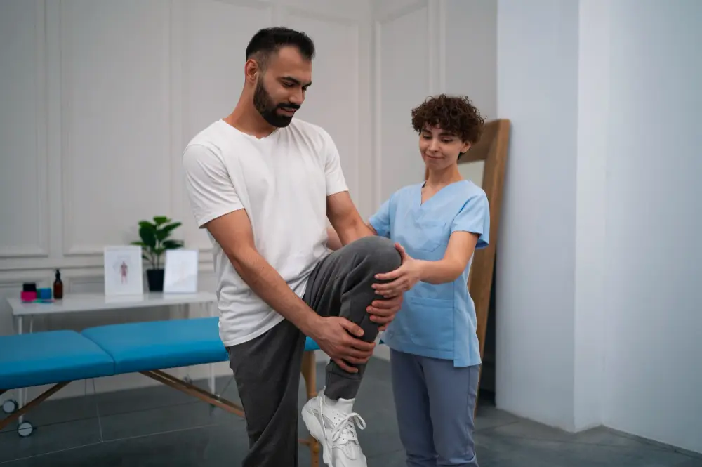A female physical therapist in blue scrubs helps a male patient in a white t-shirt and grey sweatpants with a leg exercise.
