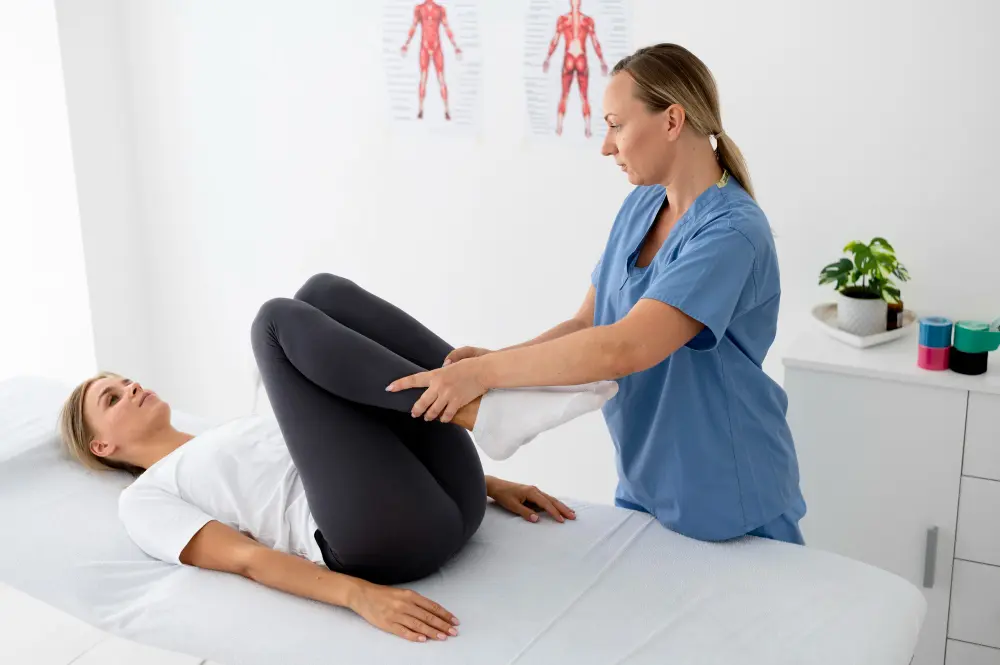 chiropractic patient laying on her back suffering with knee pain getting relief from a chiropractor using knee pain relief treatment