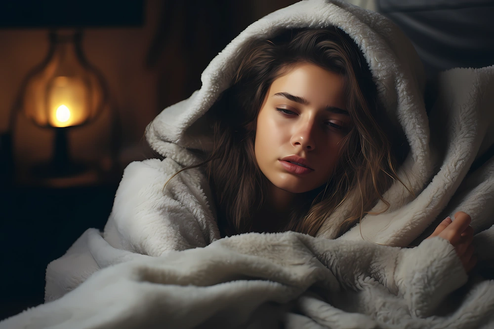 Woman lying awake in bed due to poor sleep and discomfort