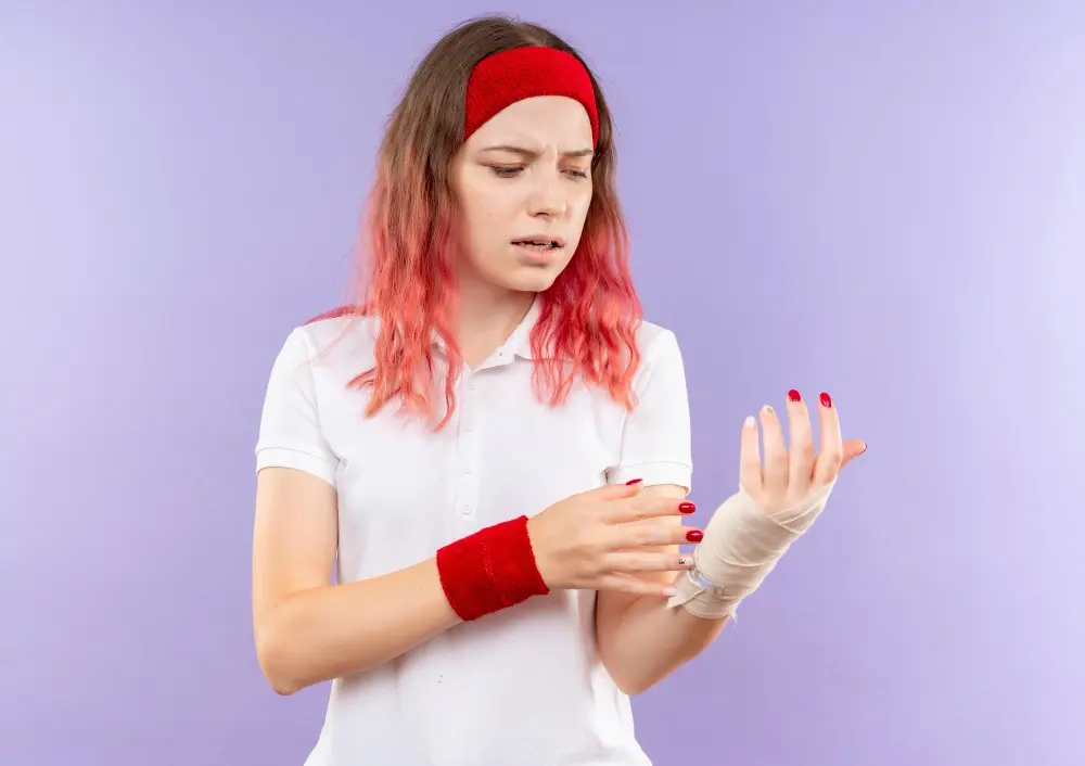 Young sporty looking woman holding her wrist in pain