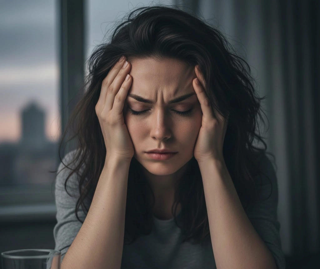 Lady in pain suffering from headache feeling irritated