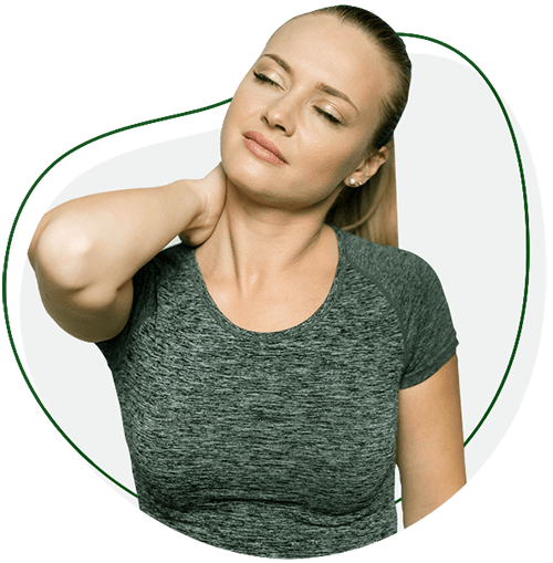 Gateway to Wellness Conditions Neck Pain section image. Woman facing camera with her eyes closed and neck tilted. Her hand is pressed up against her neck, expressing discomfort.
