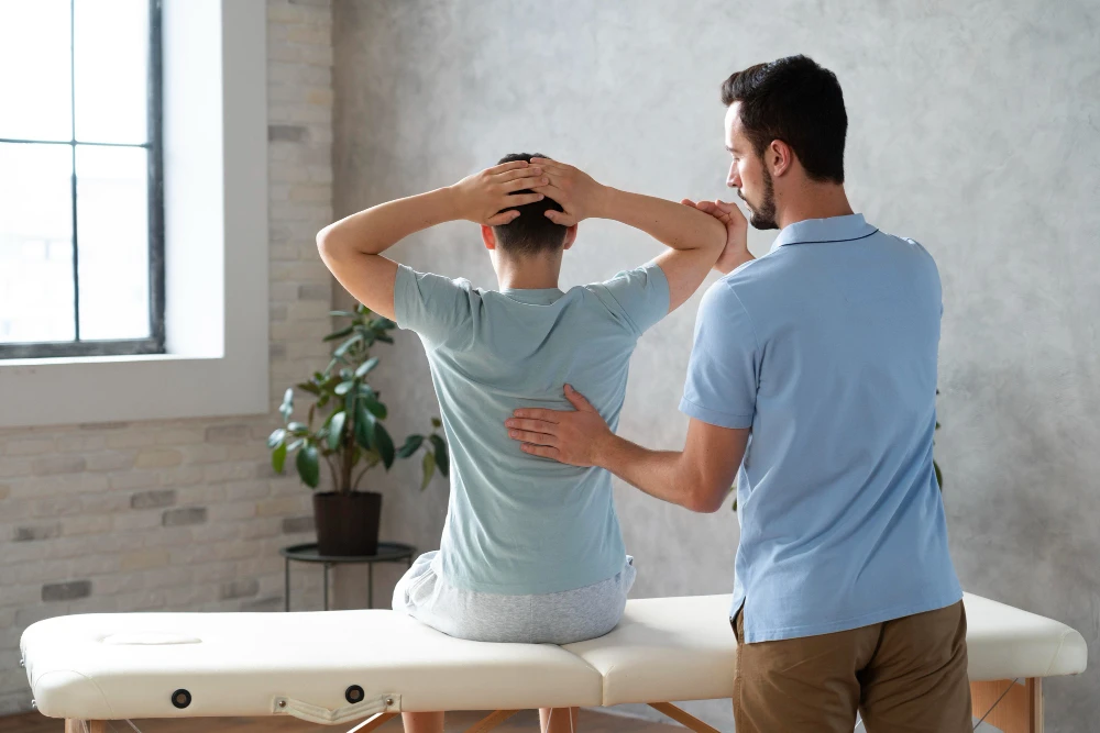 Patient receiving spinal decompression therapy on specialized table