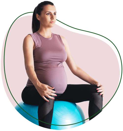 How Can Pregnancy Chiropractic Help section image. Pregnant person sitting on a medicine ball and holding posture.